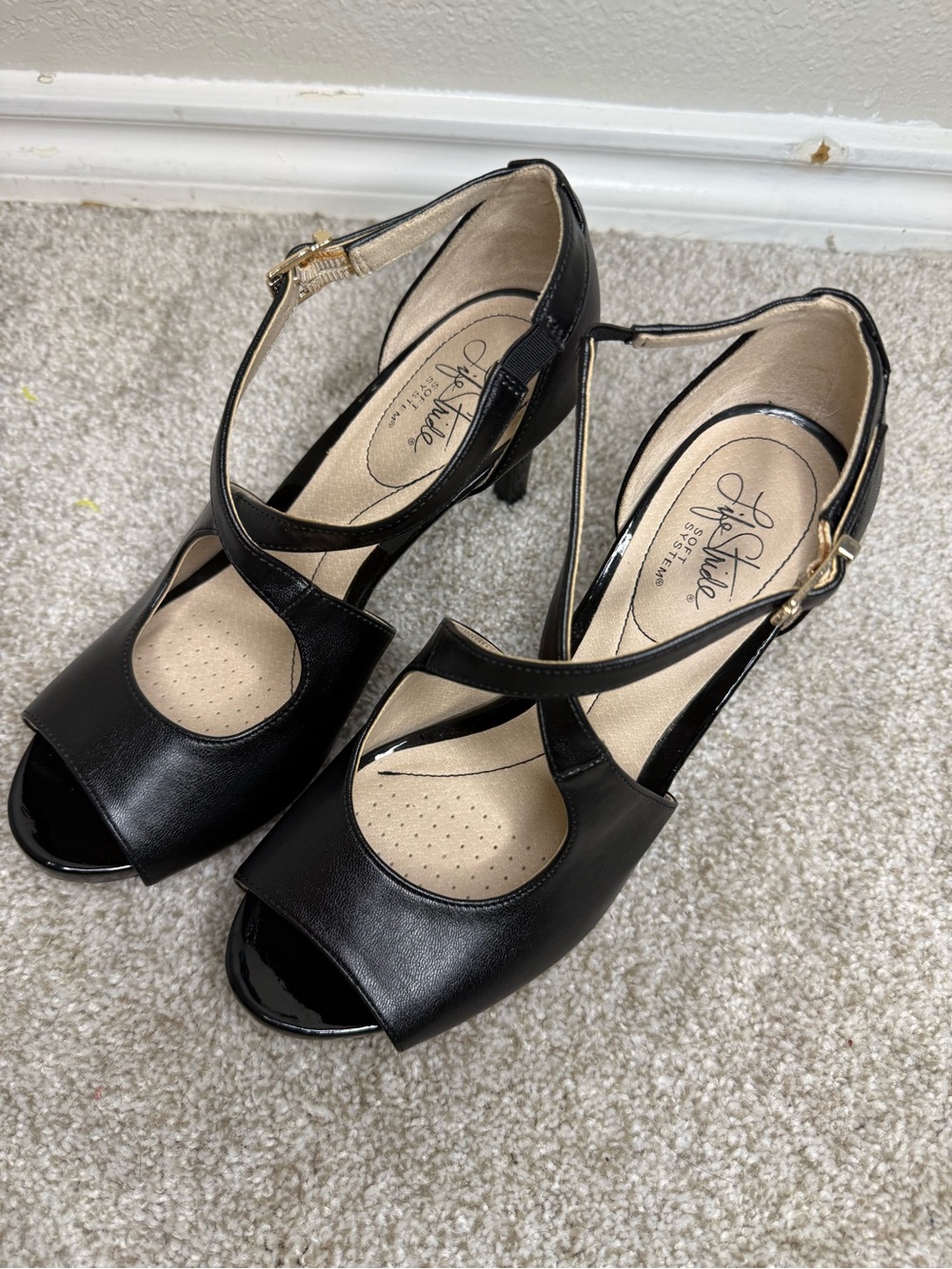 Life Stride Black Maria Peep-Toe T-Strap Heels with Gold Buckle